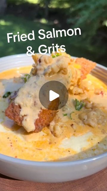 Tri Henry on Instagram: "Fried Salmon & Smoked Gouda Grits w/Lobster Cream Sauce 
#
#
#stlfoodie #atlfoodie #houstonfoodie #lobster #salmon #grits #seafood #salmonandgrits #creamsauce" Salmon Grits, Salmon And Grits, Smoked Gouda Grits, Gouda Grits, Lobster Cream Sauce, Salmon Smoked, Brunch Foods, Lobster Sauce, Seafood Sauce