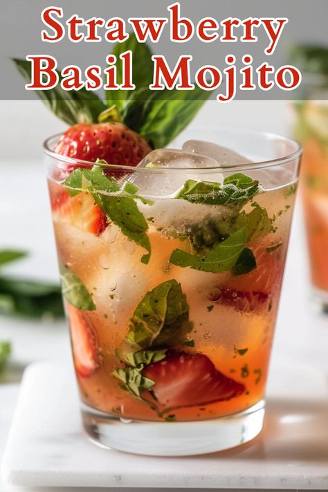 The Strawberry Basil Mojito is a refreshing cocktail that combines the sweetness of fresh strawberries with the aromatic notes of basil, complemented by the citrusy tang of lime juice and the smooth kick of rum. Strawberry Basil Mojito, Basil Mojito, Summer Rum Cocktails, Dark Rum Cocktails, Rum Cocktails Easy, Yum Drinks, Basil Cocktail, Cocktails To Make At Home, Vodka Tonic