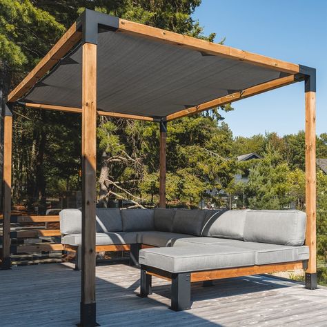 6 Ways to Create a Cooling Patio in 2024 Modular Pergola Diy, Pergola Minimal, Simple Pergola Ideas, Diy Floating Deck With Pergola, Outdoor Patio Ideas On A Budget Pergolas Back Yard, Toja Grid Pergola Ideas, Freestanding Pergola On Deck, Modular Pergola, Handyman Hacks