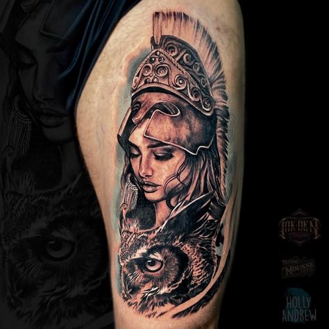 Athena - Goddess of Wisdom - done by Holly. The counterpart to Ares on the opposite thigh ♥️ done today on Chris. LOVED this one especially 😭 Done using: @tattoomousse, @worldfamousink & @atlascartridges Athena Warrior Goddess Tattoo, Rhea Tattoo Goddess, Goddess Of Wisdom Tattoo, Greek Goddess Athena Tattoo, Athena Tattoo Goddess Sleeve, Nike Goddess Of Victory Tattoo, Grandad Tattoo Ideas, Goddess Of Love Tattoo, Greek Mythology Tattoos For Women