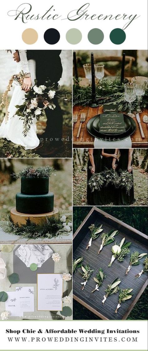 Sage Green Wedding Parents, Sage Green Black And Rose Gold Wedding, Sage And Emerald Wedding Color Schemes, Wedding Color Schemes Greens, Charcoal And Green Wedding, Sage Green Cream And Black Wedding, Dark Green And White Wedding Invitations, Olive Champagne Black Wedding, Hunter Green And Ivory Wedding