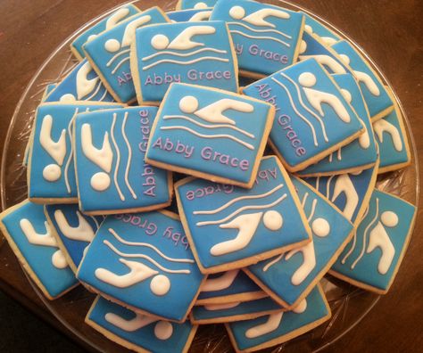 Swim Team Birthday Cookies | Cookie Connection Swim Party Cupcakes, Swimming Cupcakes, Swim Team Party, Swimming Cake, Rainbow Sugar Cookies, Banquet Centerpieces, Team Dinner, Sugar Cookie Royal Icing, Cookie Connection