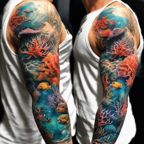 Beach Leg Sleeve Tattoo, Sunset And Ocean Tattoo, Ocean Arm Sleeve Tattoo, Ocean Theme Hand Tattoo, Reef Tattoo Design, Dark Ocean Tattoo, Underwater Ocean Tattoo, Ocean Leg Tattoo, Underwater Leg Tattoo