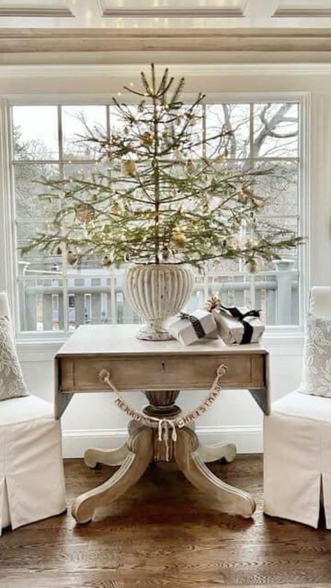 Stick Trees Christmas, Christmas Tree On Kitchen Island, Little Christmas Trees On Table, Table Top Trees Christmas, Table Top Christmas Tree Ideas Display, Christmas Tree On A Table, Table Top Christmas Tree Ideas, Kitchen Table Christmas Decor, Tabletop Christmas Tree Ideas