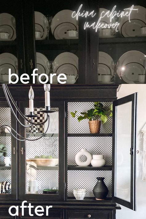 This simple project makes a big impact! Transforms a china cabinet, bookcase or hutch. ~Lizzy Designs Blog Black Corner Cabinet, Refinished China Cabinet, China Cabinet Bookcase, Diy Pantry Cabinet, Black China Cabinet, Glass China Cabinet, China Cabinet Redo, Wallpaper Cabinets, Armoire Diy