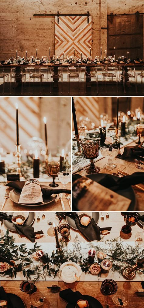 Modern Cozy Wedding, Moody Boho Tablescape, Edgy Modern Wedding, Copper Black Wedding, Moody Wedding Vibes, Moody Minimalist Wedding, Dark Academia Wedding Aesthetic, Rustic Moody Wedding, Copper And Black Wedding