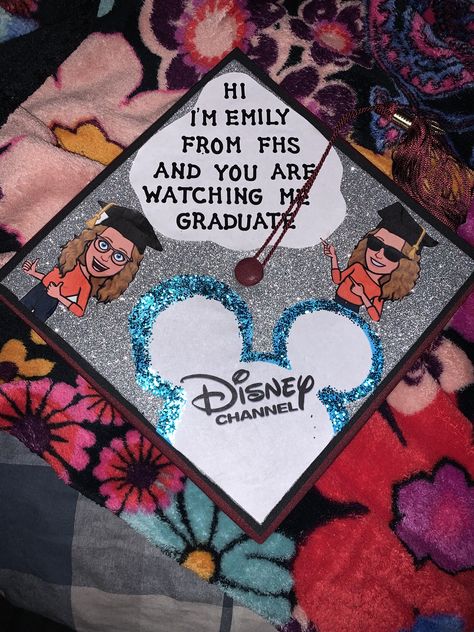 Graduation Cap Designs Inspiration, Clever Graduation Caps, Cap Ideas For Graduation Funny, Senior Cap Ideas Funny, Cute Cap Designs For Graduation, Disney Graduation Cap Ideas College, Monsters Inc Graduation Cap, Grad Cap Designs Disney, Bff Graduation Caps