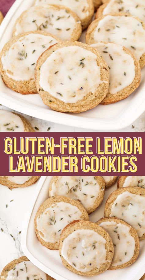 Gluten-free Lemon Lavender Cookie have crisp edges, soft centers, lemon throughout, and pops of lavender. Topped with a light lemon glaze and extra dried lavender sprinkled on top. These quick and easy cookies are great for a baby shower, bridal shower, or tea party! Gluten Free Tea Cookies, Gluten Free Bridal Shower Food, Gluten Free Tea Party, Gluten Free Baby Shower Food, Lemon And Lavender Bridal Shower Ideas, Lemon Lavender Desserts, Lavender Lemon Cookies, Gluten Free Lavender Cookies, Gluten Free Tea Party Food