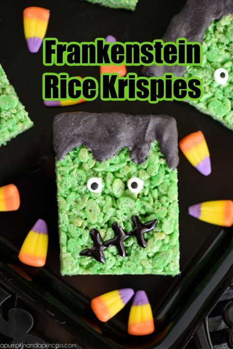 Celebrate the season of spooky monsters with these Frankenstein Rice Krispies Treats. This easy recipe is great for Halloween parties and for the family to enjoy while watching your favorite Halloween movies. Witch Hat Rice Krispies, Frankenstein Treats Halloween, Frankenstein Rice Crispy Treats, Frankenstein Rice Krispie Treats, Monster Treats, Edible Eyes, Classic Monster Movies, Halloween Fest, Rice Krispies Treats