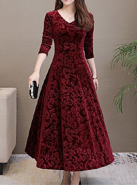 Plus Size Elegant Dresses, Women's A Line Dresses, Long Sleeve Velvet Dress, Eve Dresses, New Years Eve Dresses, Long Skirts, Knee Length Dresses, Types Of Dresses, Party Dresses For Women