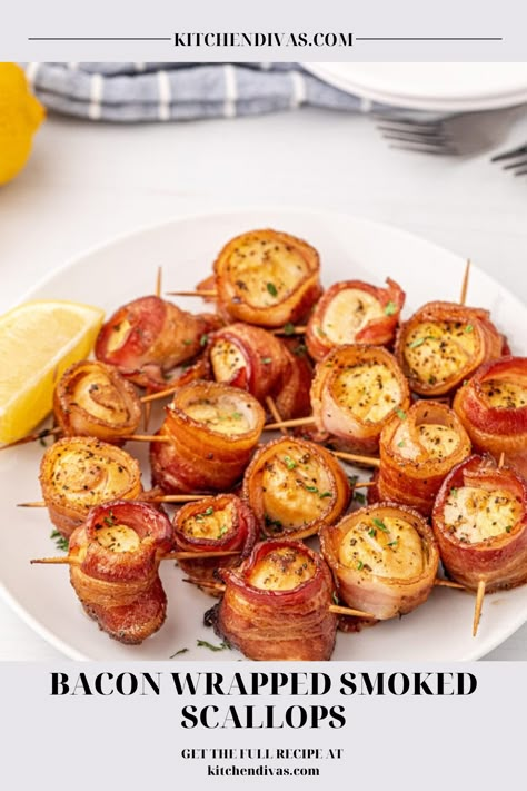 Plateful of bacon wrapped smoked scallops. Scallops Sauce Recipe, Smoked Scallops, Scallops Wrapped In Bacon, Bacon Scallops, Easy Smoker Recipes, Bacon Wrapped Scallops, Smoked Recipes, Pellet Smoker, Pellet Grill Recipes