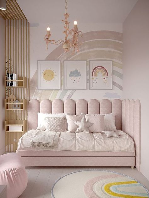 Shared Nursery With Sibling Small Spaces, Full Bed Toddler Room, Pink Daybed Room Ideas, Children’s Room, Unicorn Room, Big Girl Bedrooms, Toddler Girl Room, Girl Nursery Room