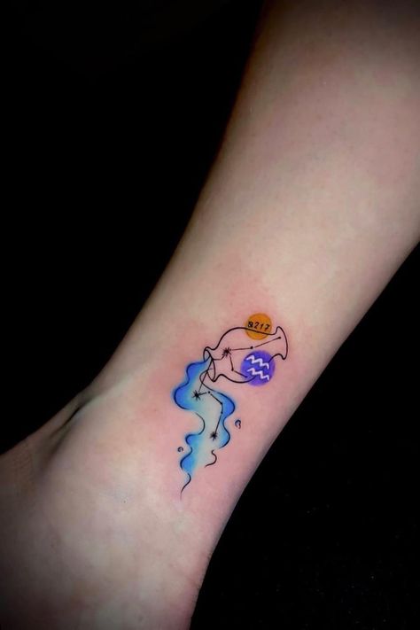 Aquarius Matching Tattoo, Aquarius Tattoo Color, Aquarious Character Tattoo, Aquarius Water Tattoo, Aquarius Tattoo Ideas Unique Women, Aquarius Drawing Easy, Zodiac Tattoo Aquarius, Tattoos For Women Aquarius, Aquarius Aesthetic Tattoo