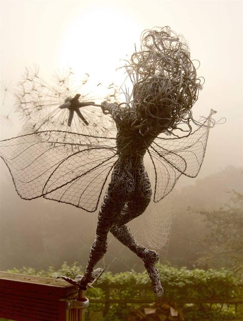 Garden Fairy Tattoo, Wire Dandelion, Dandelion Fairy, Wire Ghosts, Robin Wight, Fairy Sculpture, Chicken Wire Sculpture, Fantasy Wire, Wire Fairy