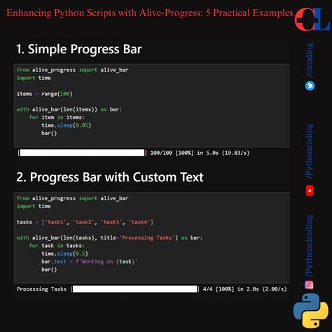 Enhancing Python Scripts with Alive-Progress: 5 Practical Examples Free Code: https://www.clcoding.com/2024/08/enhancing-python-scripts-with-alive.html Python Learning, Python Language, Python Coding, Python Code, Female Engineer, Data Science Learning, Learn Python, Coding Tutorials, Learn Web Development