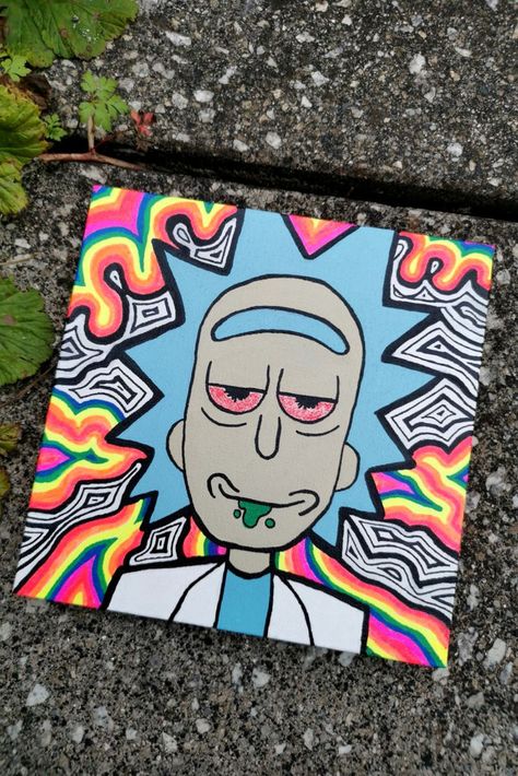 Trippy Cartoon Canvas Art, High Art Trippy, Rick Sanchez Painting, High Rick And Morty Paintings, Drawings To Hang In Your Room, Rick And Morty Painting Trippy, High Paint Ideas Trippy Easy, Trippy Acrylic Painting Easy, Cute Trippy Painting Ideas