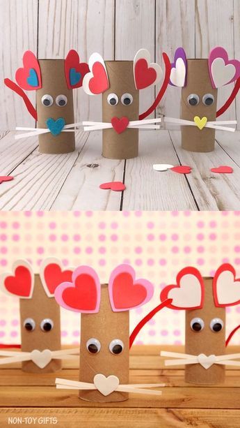 A fun paper roll heart mouse craft. It uses recycled items, googly eyes and heart stickers. Simple craft for kids as young as toddlers. Heart Crafts Kids, Mouse Craft, Craft Heart, February Crafts, Easy Valentine Crafts, Valentine Craft, Non Toy Gifts, Mouse Crafts, Valentine's Day Crafts For Kids