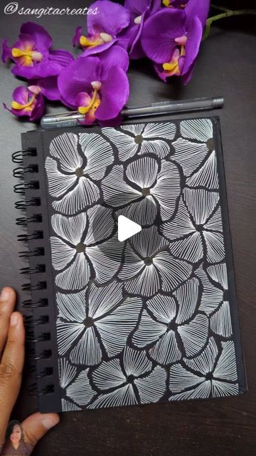 Doodling On Black Paper, Doodle Art On Black Paper, Black Paper Sketchbook, Black Paper Art, Zen Ideas, Line Flowers, Zentangle Flowers, Paper Video, Zen Doodles