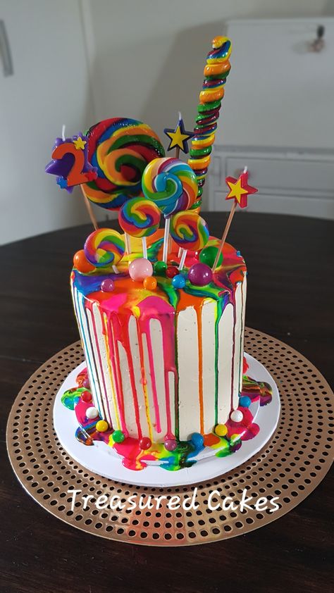 Lolly heaven for this rainbow drip cake for a gorgeous 2 year old..  #treasuredcakes #rainbowcake Rainbow Drip Cake, Candy Theme Cake, Neon Birthday Cakes, Toddler Birthday Cakes, Lolly Cake, Candy Birthday Cakes, Chocolate Drip Cake, Birthday Party Snacks, Rainbow Birthday Cake