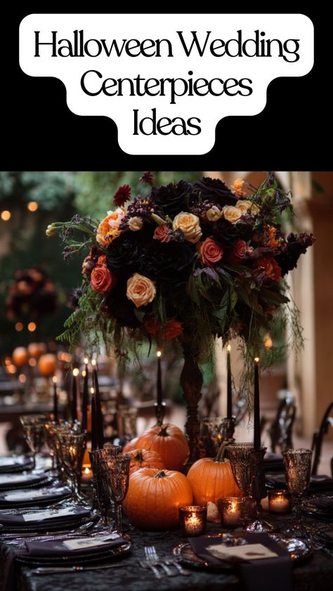 A Halloween wedding centerpiece featuring a gothic-style table setting with dark candles, pumpkins, and elegant floral arrangements for a spooky yet sophisticated celebration. Halloween Centerpiece Ideas Wedding, Fall Spooky Wedding Ideas, Gothic Jewel Tone Wedding, Gothic Wedding Flowers Centerpieces, Jack O Lantern Wedding, Witch Wedding Decor, Gothic Centerpieces Wedding, Victorian Gothic Wedding Decorations, Halloween Wedding Table Decor