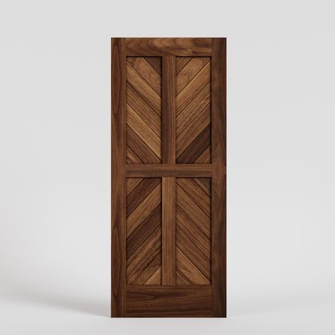 Chevron Four Panel Swing Interior Door Chevron Barn Door, Custom Exterior Doors, Pocket Door Frame, Chevron Door, Solid Wood Door, Modern Sliding Barn Door, Modern Entry Door, Modern Exterior Doors, Custom Barn Doors