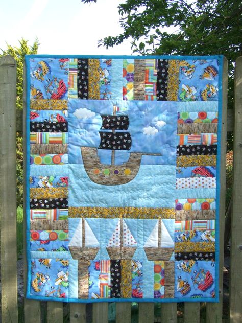 Pirate quilt Pirate Themed Bedroom, Pirate Bedroom Theme, Pirate Quilt, Log Cabin Blocks, Quilt Corners, Map Quilt, Map Fabric, Cot Quilt, Baby Boy Quilts