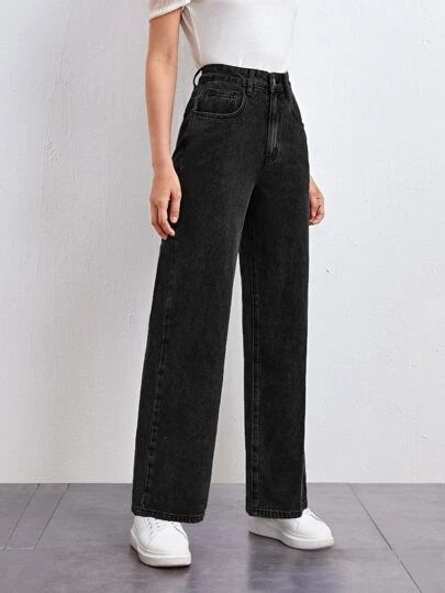 Wide Leg Black Jeans Outfit, High Waisted Wide Leg Jeans Outfit, Straight Jeans Outfit, Shein Basics, Straight Leg Jeans Outfits, Wide Leg Jeans Outfit, Legs Outfit, Jeans Outfit Women, Casual College Outfits