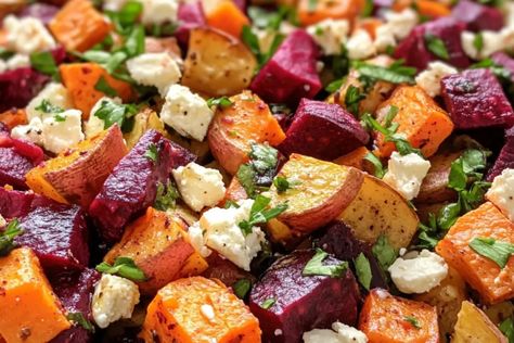 Creamy Roasted Beet, Sweet Potato, and Feta Salad Recipe - Easy and Delicious Beet Sweet Potato, Roasted Root Vegetable Salad, Root Vegetable Salad, Feta Salad Recipe, Honey Dressing, Creamy Feta, Roasted Beet Salad, Lemon Honey, Roasted Root Vegetables