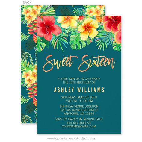 Trendy tropical watercolor flowers sweet 16 luau birthday party invitations. Tropical Sweet 16, Beach Bridal Shower Invitations, Tropical Bridal Shower Invitations, Tropical Birthday Party, Tropical Invitations, Beach Bridal Showers, 16th Birthday Invitations, Tropical Bridal Showers, Fiesta Tropical