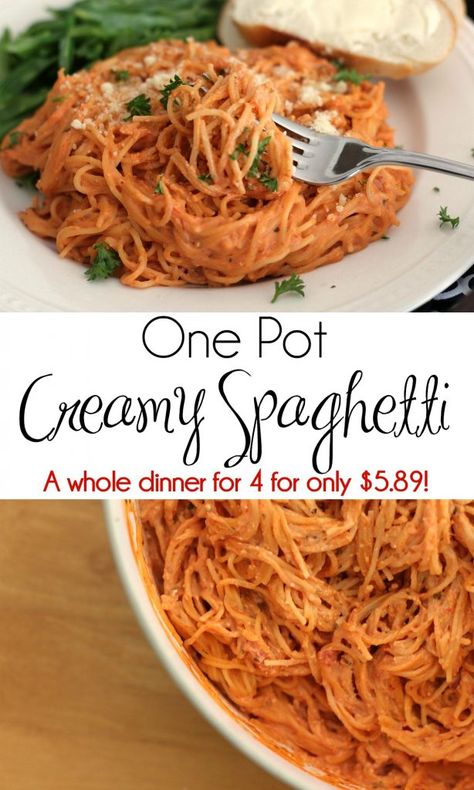 One Pot Creamy Spaghetti - A whole meal for $1.47 per person! #30MinuteMeal #WorkingMom #DinnerRecipe #SpaghettiRecipe #CreamySpaghetti #OnePotSpaghetti #Pasta | 30 Minute Meals | Quick Dinner | Cheap Recipe | Thrifty Meals | What to Cook When You Are Broke Pasta Recipes For Dinner, Thrifty Meals, Dinner Cheap, Cheap Recipe, Creamy Spaghetti, One Pot Spaghetti, Fast Recipes, Cheap Dinners, Cooking On A Budget