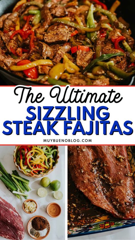 Here you have a homemade sizzling steak fajitas recipe. Loaded with a blend of peppers, onions, Mexican spices, and marinated flank steak. The ulimate Mexican dinner that can be a hit for Taco Tuesday! Steak Fajitas Recipe, Bueno Recipes, Flank Steak Fajitas, Easy Steak Fajitas, Steak Fajita Recipe, Comfort Recipes, Marinated Flank Steak, Flank Steak Recipes, Fajitas Recipe