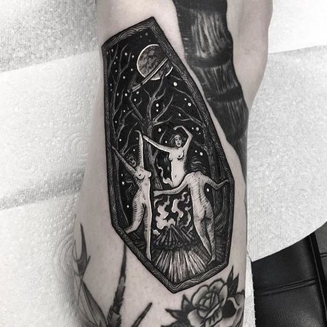 Dancing witches tattoo - Tattoogrid.net Dancing Goddess Tattoo, Dancing Witches Tattoo, Hag Tattoo, Burning Witch Tattoo, Witch Aesthetic Tattoo, Witchy Sleeve, Hip Tattoo Quotes, Portal Tattoo, Sister Tat