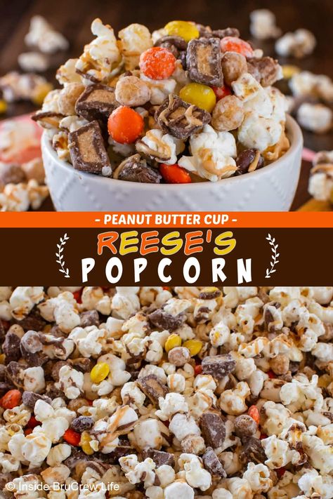 Our Reese's popcorn is the ultimate snack mix! This treat combines peanut butter cups and Reese's Pieces with crunchy popcorn for a perfect balance of sweetness and crunch. Make a double batch because it disappears in minutes! Reese’s Pieces Popcorn, Desserts With Popcorn, Popcorn Mix Ins, Popcorn Trail Mix Recipes, Fall Popcorn Mix Recipes, Fall Popcorn Mix, Popcorn Dessert Recipes, Popcorn Snack Mix Recipes, Popcorn Mix Recipes