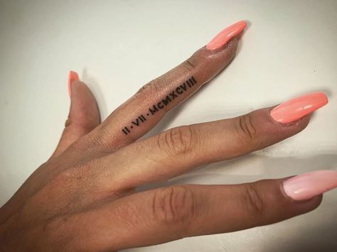 Ring Finger Roman Numeral Tattoo, Finger Tattoo Roman Numerals, Roman Numeral Tattoo On Finger, Finger Roman Numeral Tattoo, Date Finger Tattoo, Roman Numeral Tattoo Finger, Roman Numeral Finger Tattoo, Inside Finger Tattoos, Inner Finger Tattoo