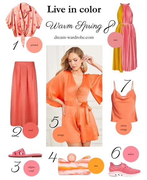 True Spring Color Palette Clothes, Copper Spring Color Palette, True Spring Color Palette Outfits Capsule Wardrobe, Warm Spring Outfit Ideas, Warm Spring Wardrobe, Spring Warm Outfits, Warm Spring Outfits Color Palettes, True Spring Capsule Wardrobe, Bright Spring Capsule Wardrobe