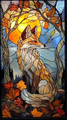 Winter Stained Glass Ideas, Stain Glass Painting Ideas, Stain Glass Drawing, Fantasy Stained Glass Art, Stained Glass Art Easy, Vitrage Art, Fox Mosaic, Stained Glass Fox, Cool Windows