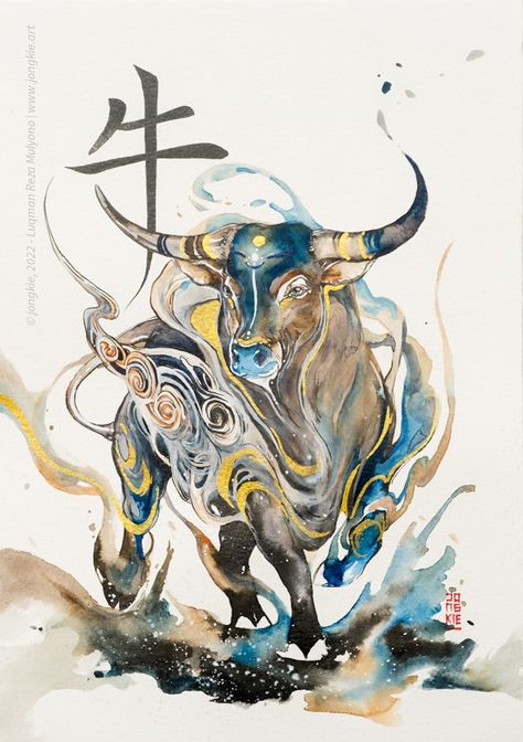 Chinese Zodiac Sign - Ox | artjongkie Chinese Zodiac Tattoo, Ox Tattoo, Ox Chinese Zodiac, Chinese New Year Zodiac, Steampunk Dragon, Art Deco Artwork, Bull Tattoos, Chinese Astrology, Ink Watercolor