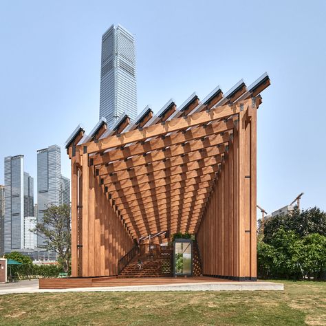 Timber pavilion unifies landscape and waterfront in West Kowloon district Water Pavilion, Timber Frame Pavilion, Wooden Pavilion, Barcelona Pavilion, Roof Cladding, Pavilion Plans, Pool Pavilion, Glass Pavilion, Office Works