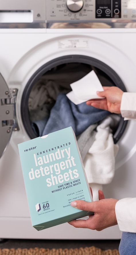 Laundry Detergent Sheets | restor | Affordable Eco Cleaning Laundry Product Photography, Detergent Photography, Detergent Ads, Laundry Detergent Ads, Detergent Design, Laundry Detergent Brands, Laundry Sheets, Green Concept, Laundry Box