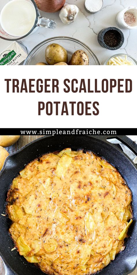 Traeger Scalloped Potatoes - Simple And Fraiche Traeger Scalloped Potatoes, Traeger Baked Potato, Smoker Au Gratin Potatoes, Smoked Potatoes In Smoker Recipes For, Smoked Scalloped Potatoes, Smoked Au Gratin Potatoes, Bbq Side Dish, Creamy Potatoes, Bbq Side Dishes