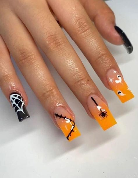 Acrylic Overlay Nails Short Halloween, Spooky Short Nails Acrylic, Ken Nails, Baddie Halloween Nails, Red Halloween Nails, Mismatched Nails, Halloween Nail Art Tutorial, Horror Nails, Holloween Nails