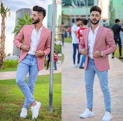 Pink Blazer Outfit For Men, Pink Blazer Outfit Men Wedding, Pink Blazer Outfit Men, Pink Blazer Men, Baby Pink Blazer, Blue Jeans Outfit Men, Pink Blazer Outfit, Pastel Jacket, Blue Sherwani