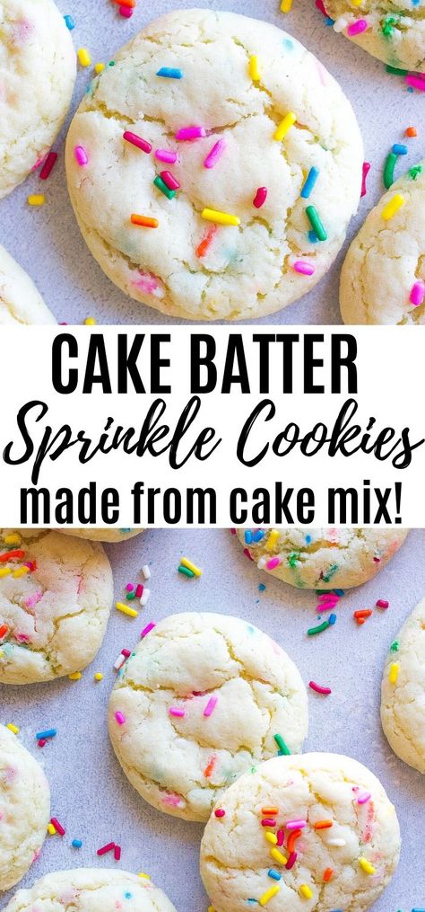 These Cake Batter Sprinkle Cookies are made with cake mix and lots of sprinkles. They are SO easy to make and can be made in less than 20 minutes flat! #desserts #cake #cookies #sprinkles #baking #treat #kathrynskitchen #delicious Cake Batter Cookies Recipe, Confetti Cake Cookies, Quick And Easy Cookies, White Cake Mix Cookies, Pies Chocolate, Cookies Sprinkles, Funfetti Cake Mix Cookies, Flat Cake, Chocolate Tarts