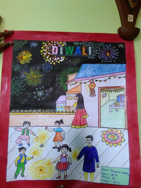 Diwali... One of the famous festival of india Diwali Drawing Ideas, Diwali Festival Drawing, Scenery Drawing For Kids, Diwali Activities, Diwali Drawing, India For Kids, Boat Crafts, Creative Birthday Cards, Festivals Of India