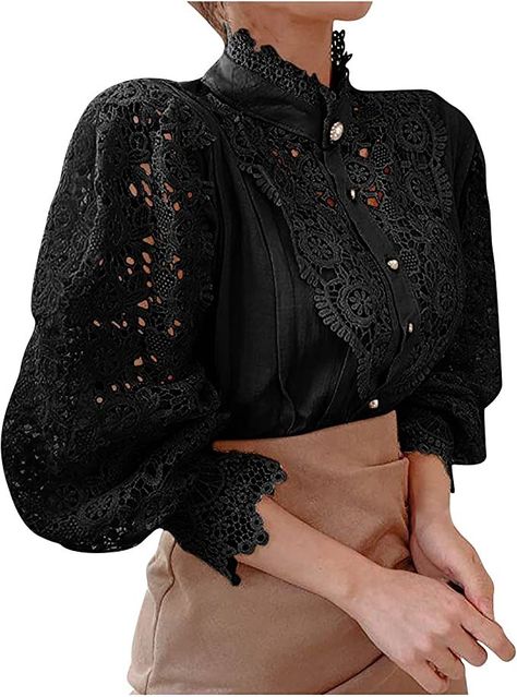 Women Lace Blouse, Lace Long Sleeve Top, Victorian Blouse, Gothic Shirts, Lace Blouse Long Sleeve, Tunic Tops Casual, Casual Tunics, Lace Top Long Sleeve, Long Sleeve Tops Casual