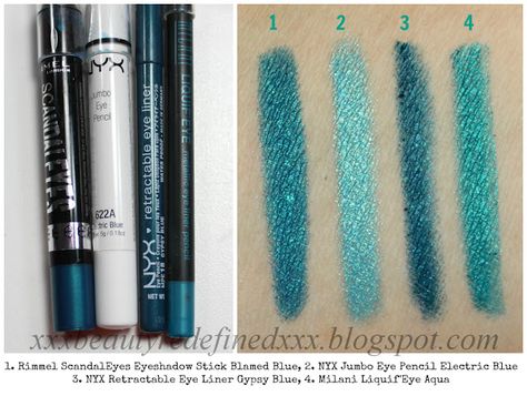 Blue and Teal Eye Pencils and Liners -  Swatches Teal Eyeliner, Turquoise Eyeliner, Teal Eyeshadow, Nyx Jumbo Eye Pencil, Teal Eyes, Ideal Makeup, Eye Pencils, Eyeshadow Pencil, Makeup Tutorial Eyeliner