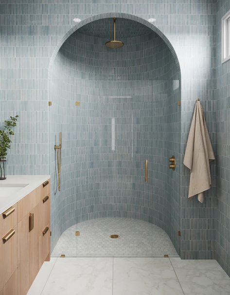 Miley 4.5x9.1 Glossy Porcelain Tile in Ice Blue Shower Tile, Blue Bathroom Tile, Blue Tile, Blue Bathroom, Blue Tiles, Bathroom Renos, Bathroom Kids, House Bathroom, Shower Wall