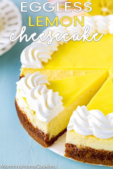 This Eggless Lemon Cheesecake is smooth, creamy, and melt in your mouth lemony! Nestled inside a traditional graham cracker, this delicious eggless dessert won’t disappoint. @mommyhomecookin #recipe #eggless #eggfree #lemon #cheesecake Egg Free Dessert Recipes, Lemon Cheesecake Recipe, Lemon Cheesecake Recipes, No Bake Lemon Cheesecake, Lemon Cheese, Homemade Recipes Dessert, Eggless Desserts, Eggless Recipes, Lemon Dessert Recipes