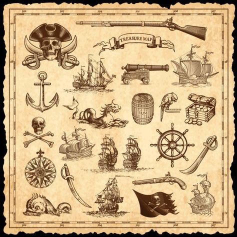 Pirate Map Tattoo, Pirate Symbols, Pirate Images, Pirate Illustration, Map Illustrations, Pirate Map, Maps Aesthetic, Pirate Treasure Maps, Pirate Tattoo