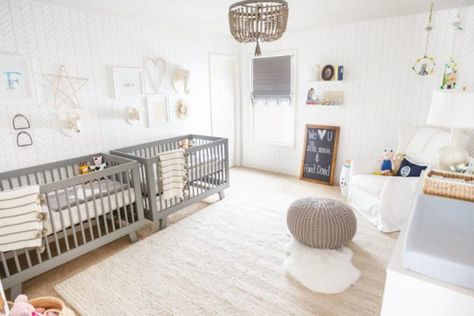 11 Twin Nursery Ideas Worthy of Queen Bey’s Babes | Brit + Co Twin Nursery Gender Neutral, Baby Cribs For Twins, Twin Nursery Room, Twin Baby Rooms, Baby Boy Bedding Sets, Twins Nursery, Twin Nursery, Baby Twins, Baby Boy Bedding